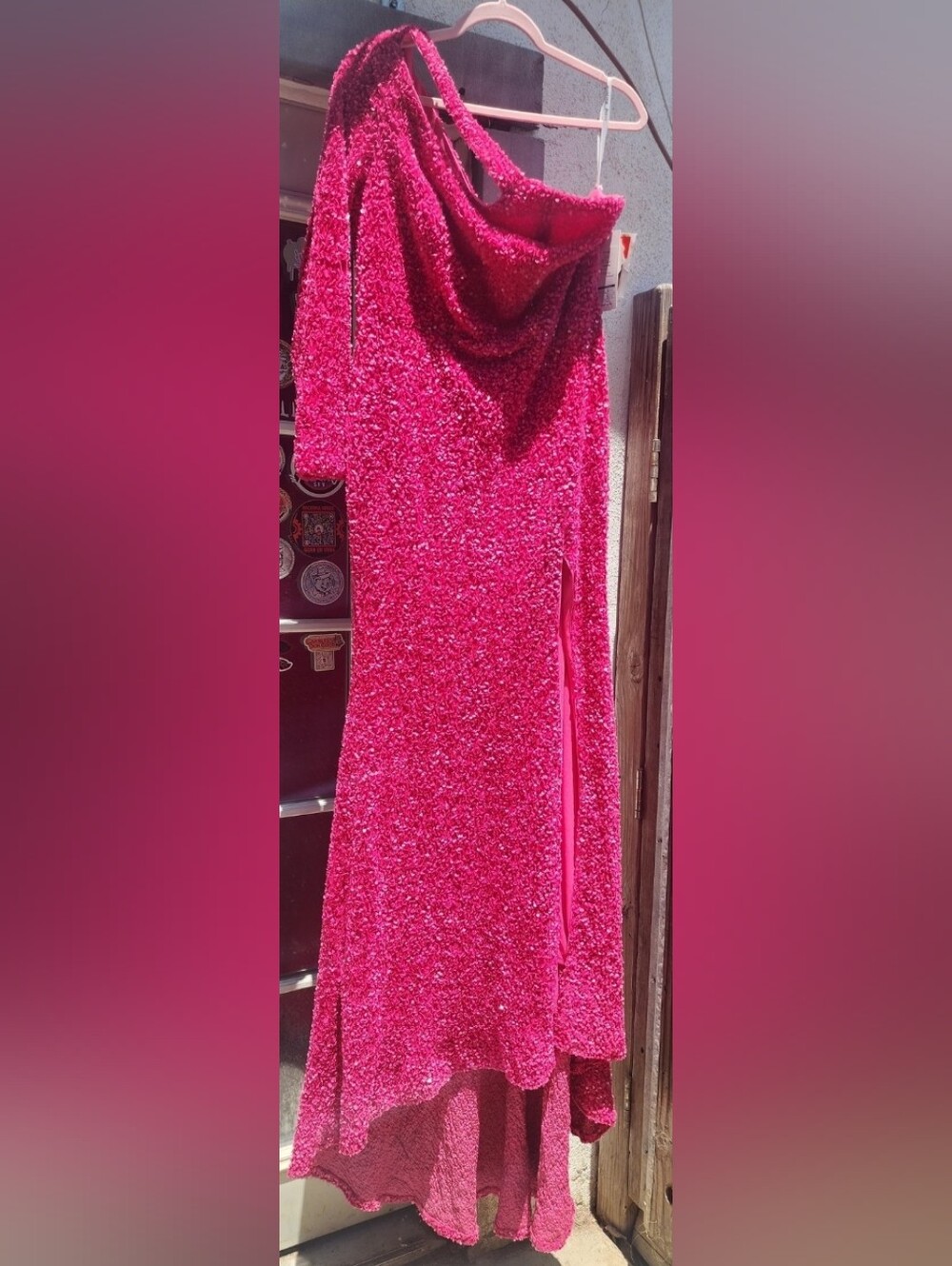 Hot Pink Sequin One-Shoulder Gown